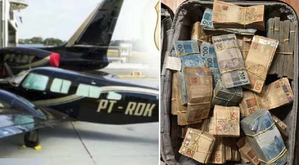 Montagem de fotos de avião e dinheiro