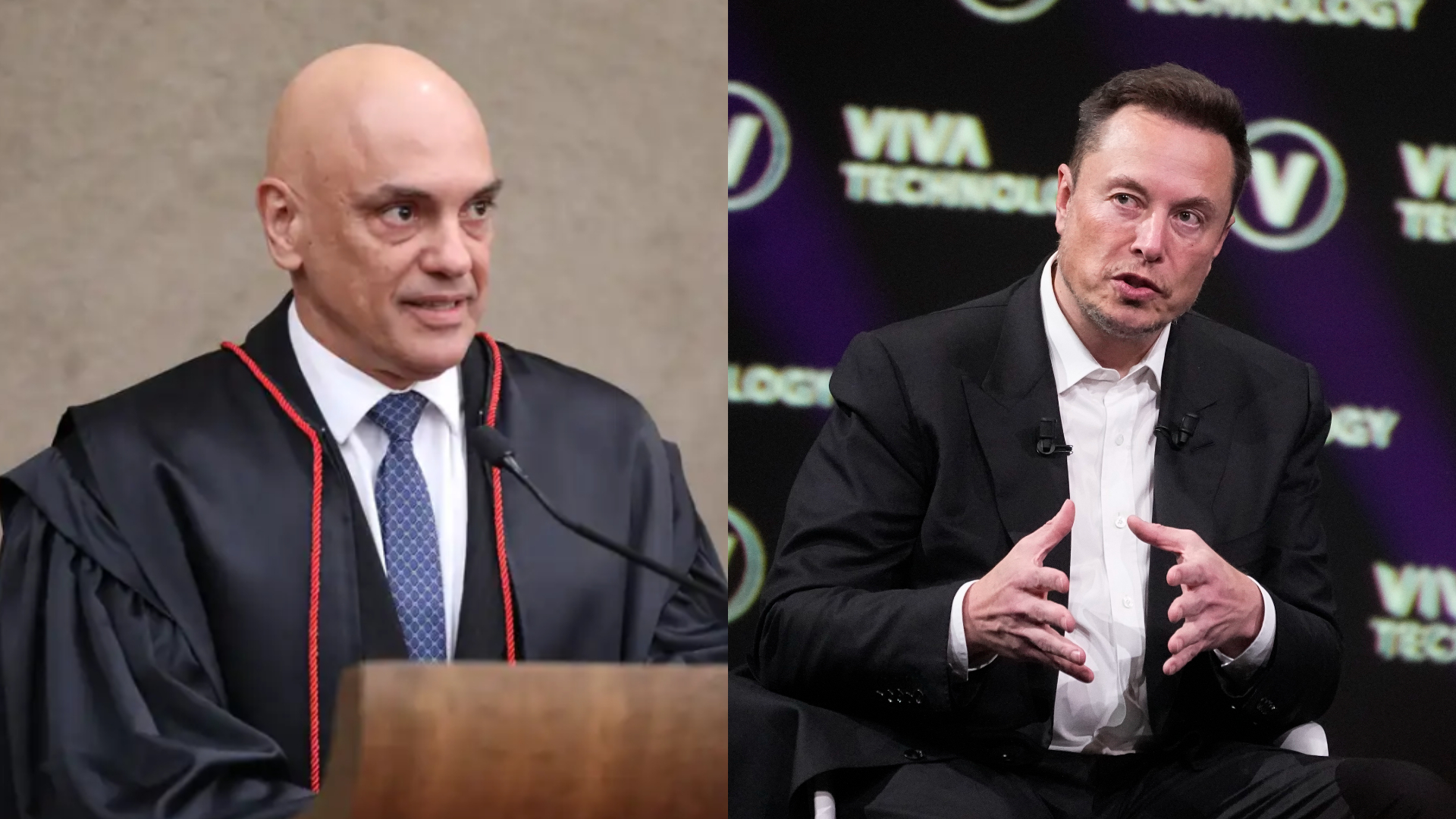 Montagem de fotos de Alexandre de Moraes e Elon Musk, ambos falando sem olhar para a câmera