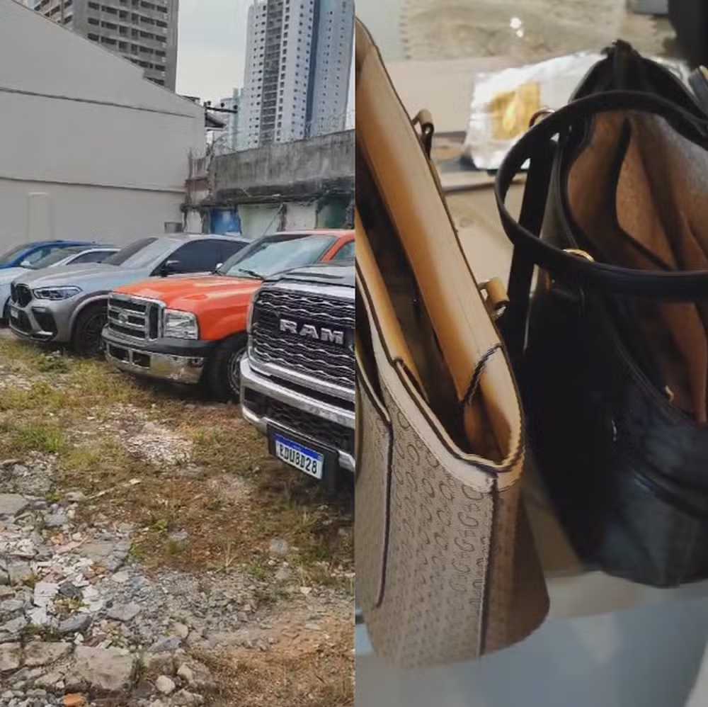 Montagem de fotos de carros e bolsas de luxo apreendidas em Santa Catarina na operação