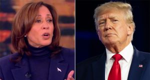 Montagem de fotos de Kamala Harris e Donald Trump, ambos sérios, ela falando e gesticulando