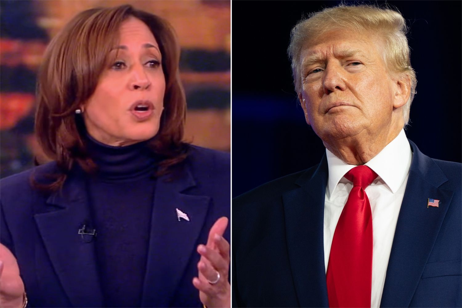 Montagem de fotos de Kamala Harris e Donald Trump, ambos sérios, ela falando e gesticulando