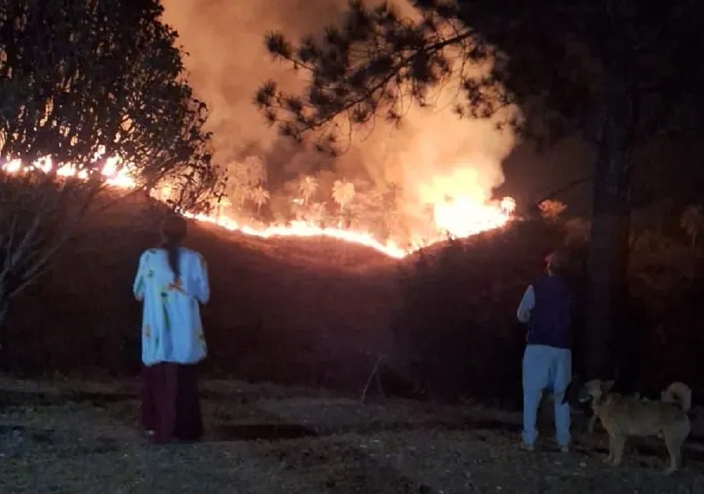 Dois indígenas de costas, em pé, olhando para incêndio, à noite