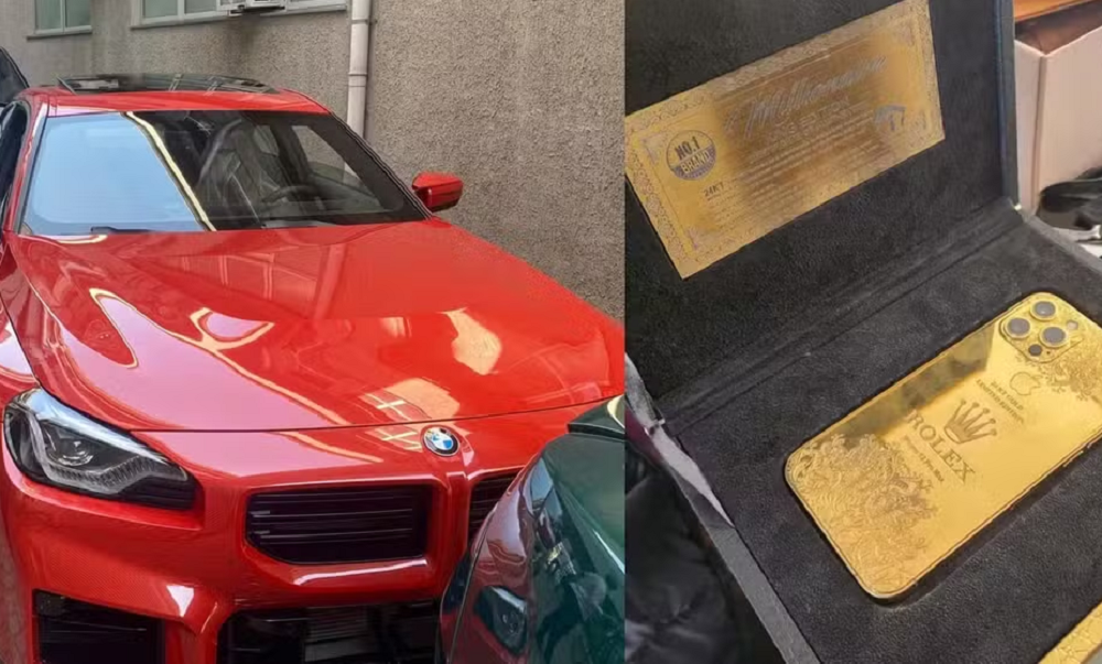 Montagem de fotos de carros de luxo e um iPhone banhado a ouro