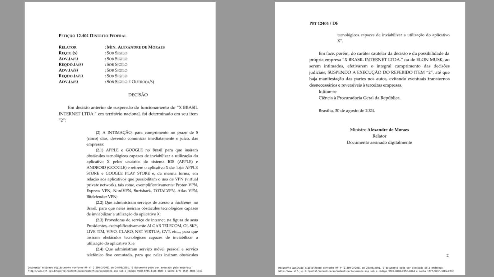 Decisão de Alexandre de Moraes em duas folhas