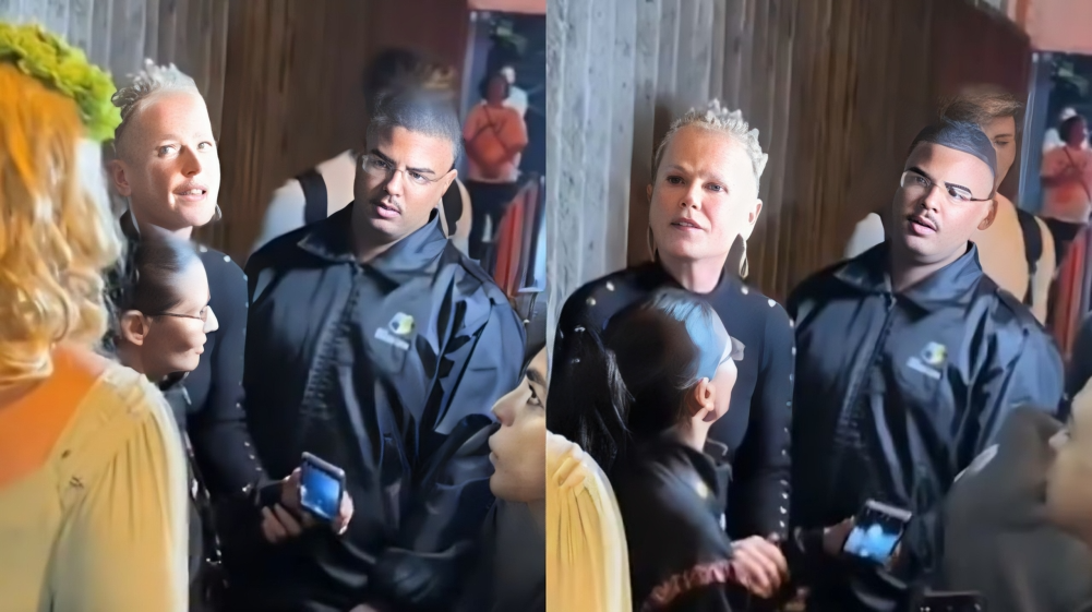Montagem de duas fotos de Xuxa atendendo fãs