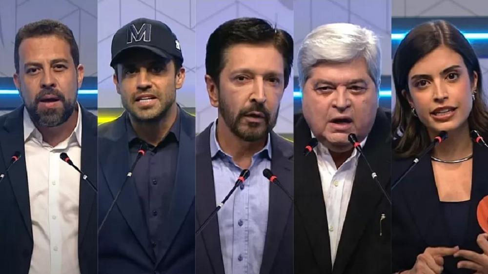Montagem de fotos de candidatos à Prefeitura de São Paulo em debate Gazeta/MyNews: da esquerda para a direita, Guilherme Boulos, Pablo Marçal, Ricardo Nunes, José Luiz Datena e Tabata Amaral, todos virados pra frente