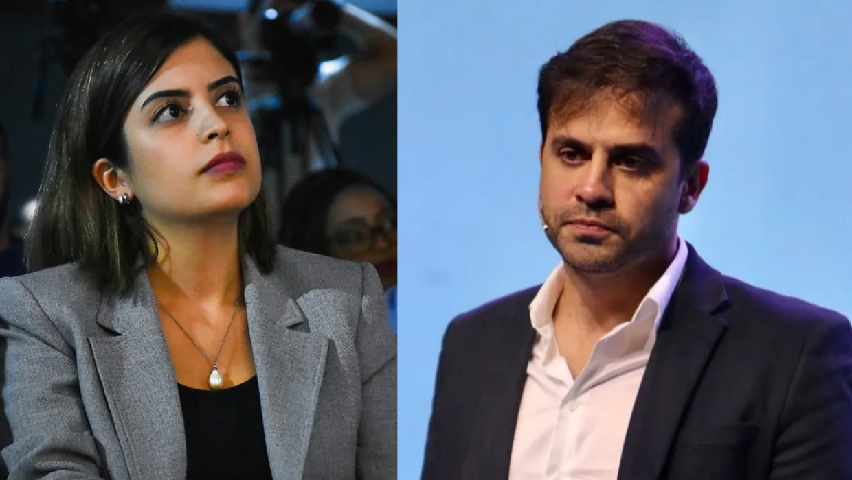 Montagem de fotos de Tabata Amaral e Pablo Marçal, ambos sérios e sem olhar para a câmera