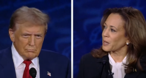 Montagem de fotos de Donald Trump e Kamala Harris