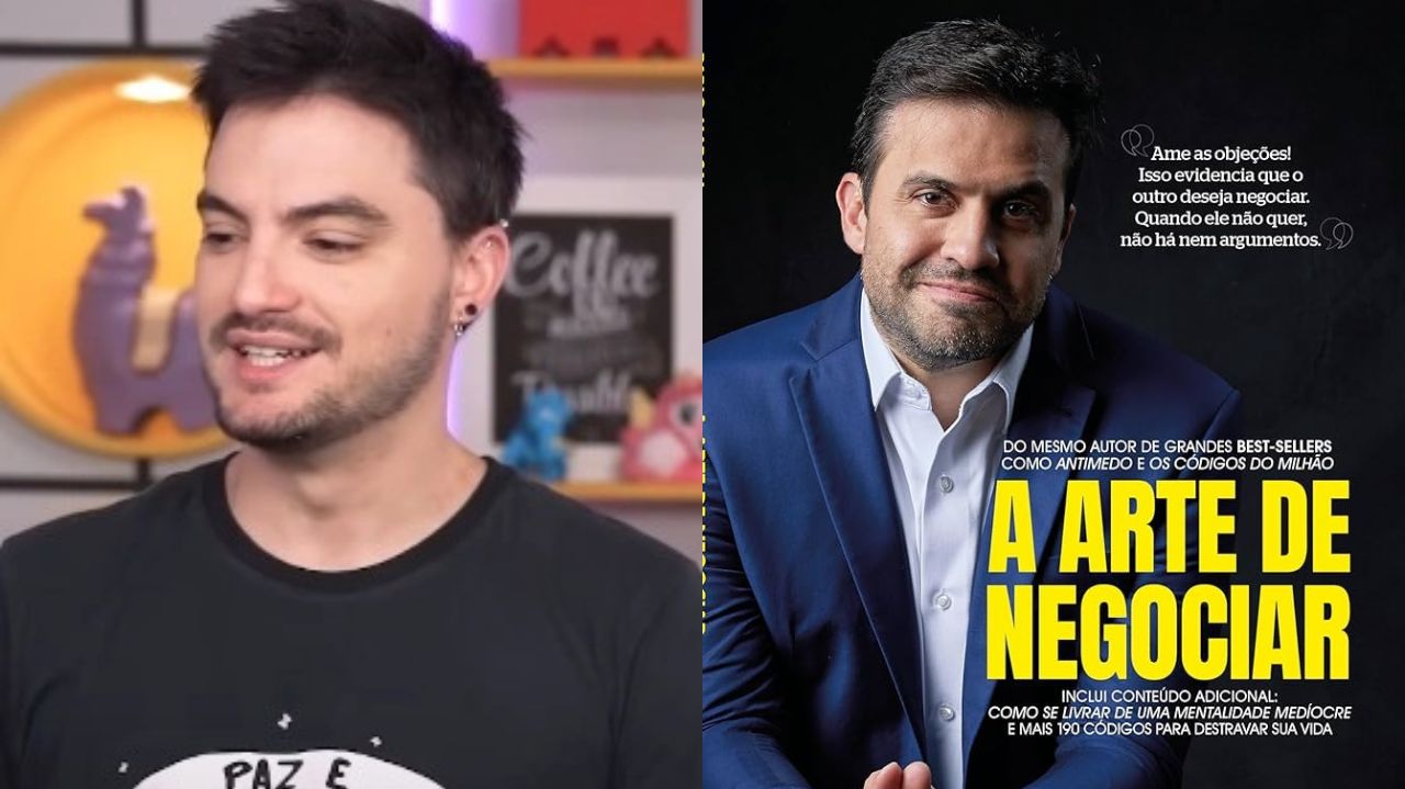 Montagem de fotos do influenciador Felipe Neto e o livro de Pablo Marçal