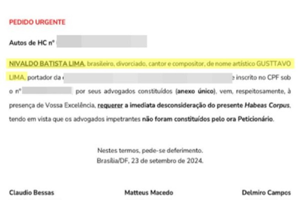 Documento enviado pela defesa de Gusttavo Lima à Justiça