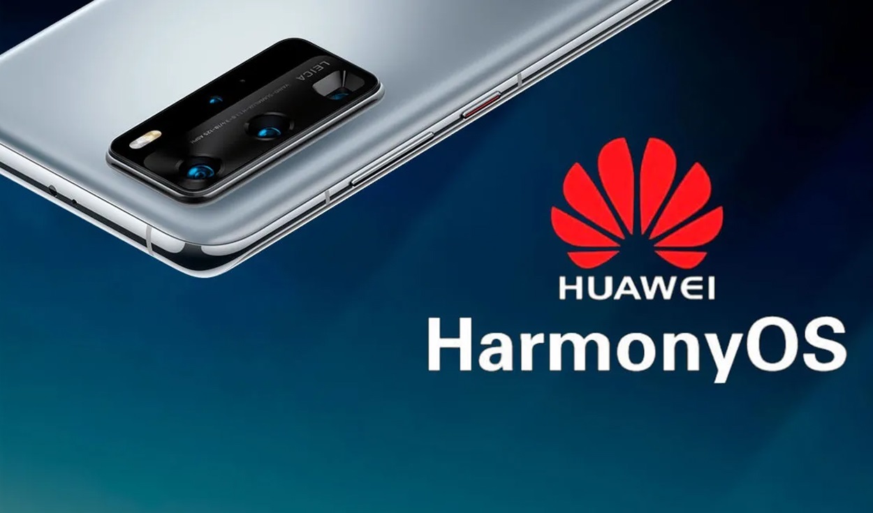 Imagem que mostra pedaço de celular e nomes da Huawei e HarmonyOS