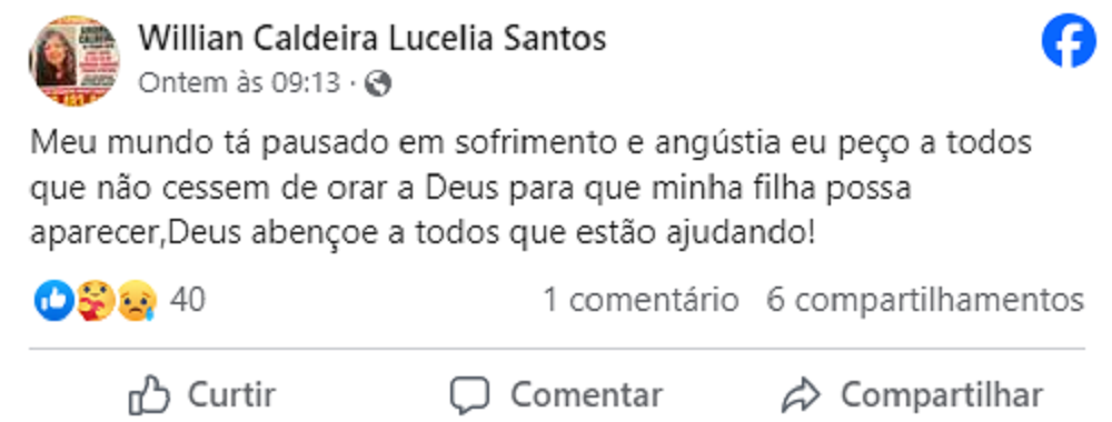 Print do post dos pais de Amanda Caldeira no Facebook