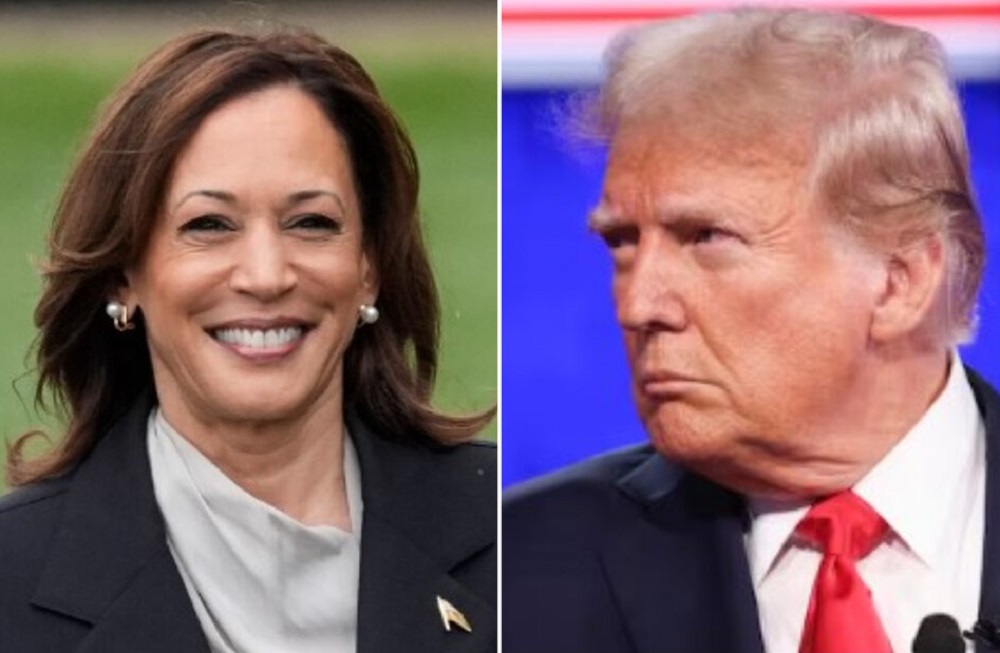 Montagem de fotos de Kamala Harris e Donald Trump; ela sorrindo e ele sério