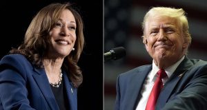 Montagem de fotos de Kamala Harris e Donald Trump