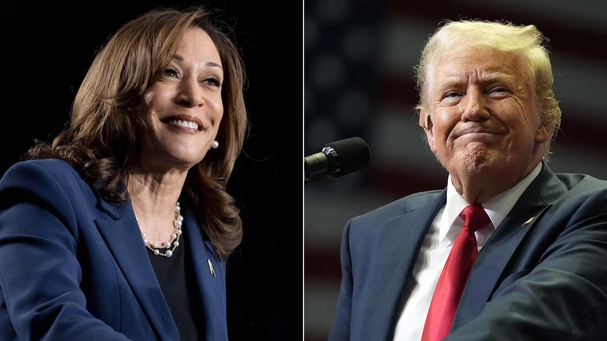 Montagem de fotos de Kamala Harris e Donald Trump