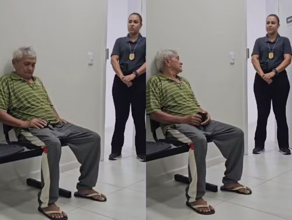 Montagem de duas fotos de Gislayne Silva de Deus falando com Raimundo Alves Gomes