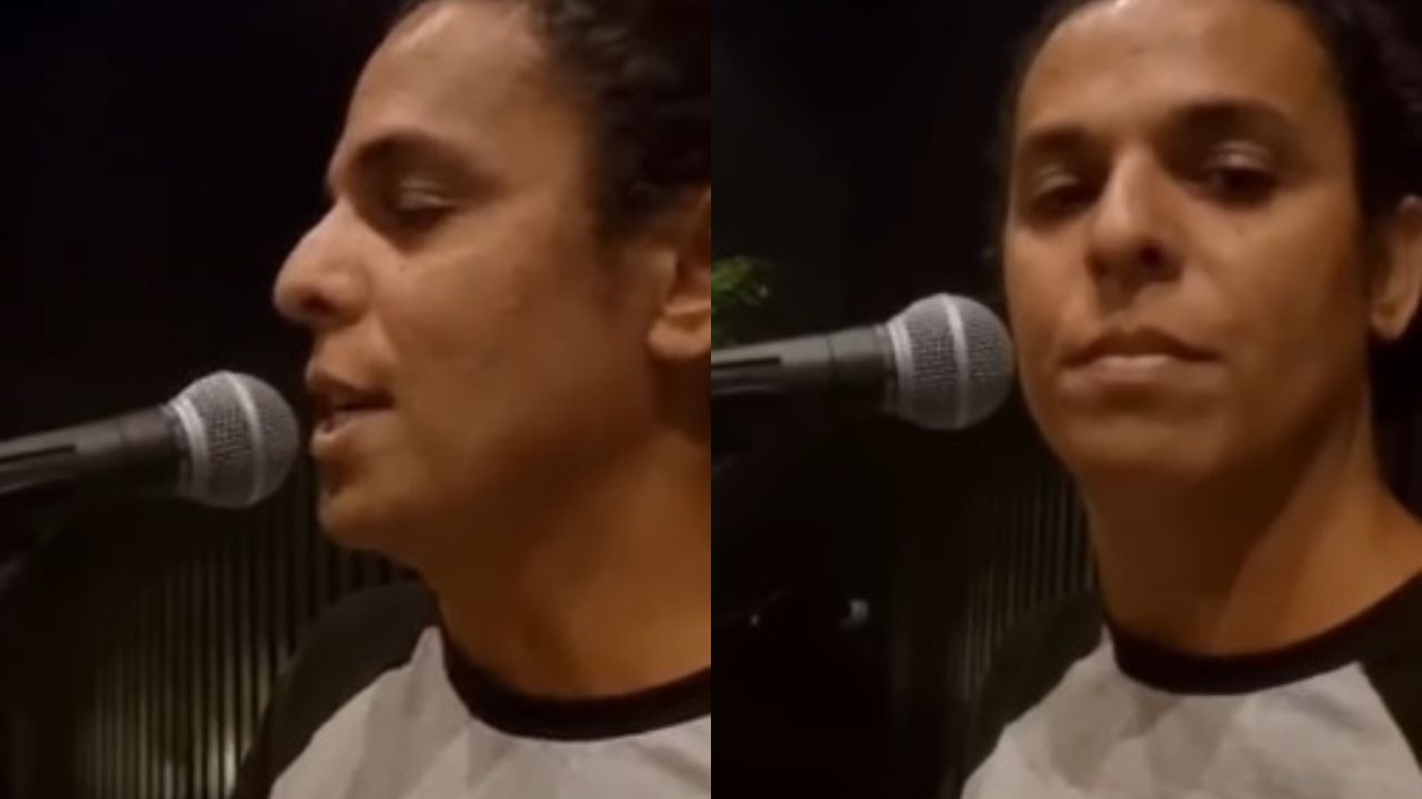 Montagem de duas fotos do músico Tiago Soares Silva cantando