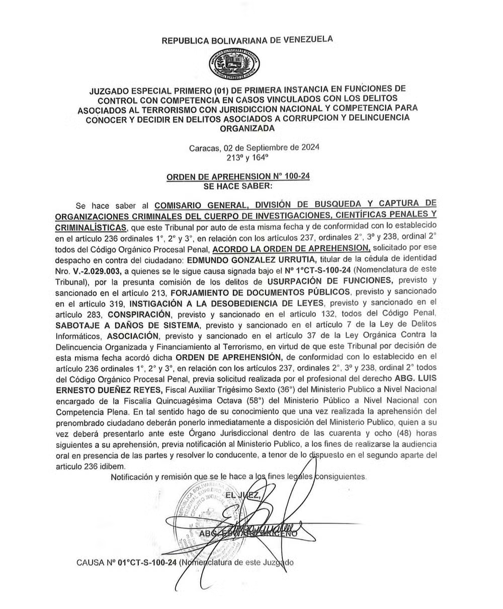 Ordem de prisão contra Edmundo González