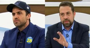 Montagem de fotos de Pablo Marçal e Guilherme Boulos, ambos sérios e no Roda Viva