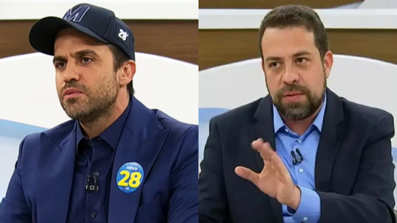 Montagem de fotos de Pablo Marçal e Guilherme Boulos, ambos sérios e no Roda Viva