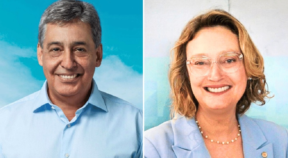 Montagem de fotos de Sebastião Melo (MDB) e Maria do Rosário (PT), ambos sorrindo para a câmera, de roupas azuis