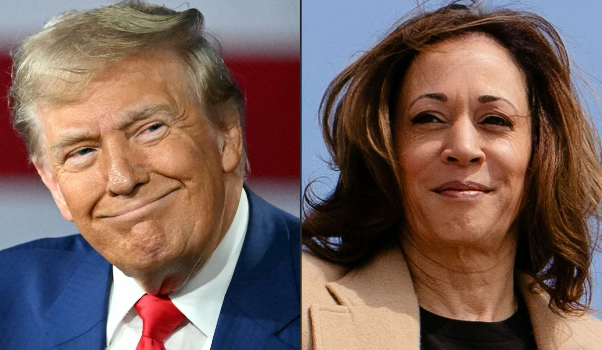 Montagem de fotos de Donald Trump e Kamala Harris
