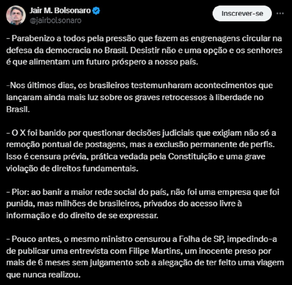 Print de tweet de Jair Bolsonaro