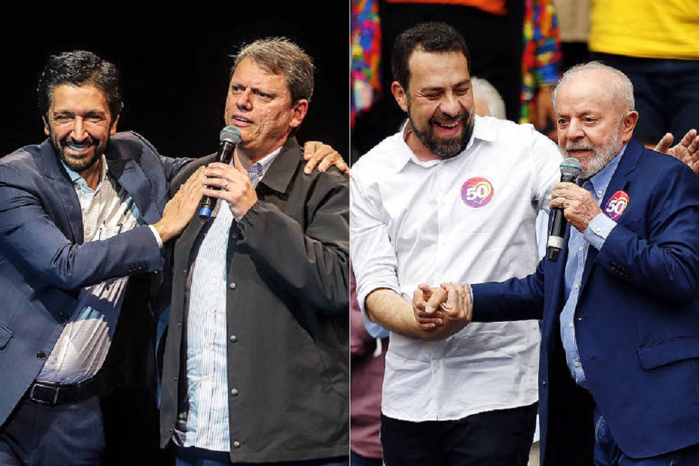 Montagem de fotos de Ricardo Nunes com Tarcísio de Freitas e Guilherme Boulos com Lula