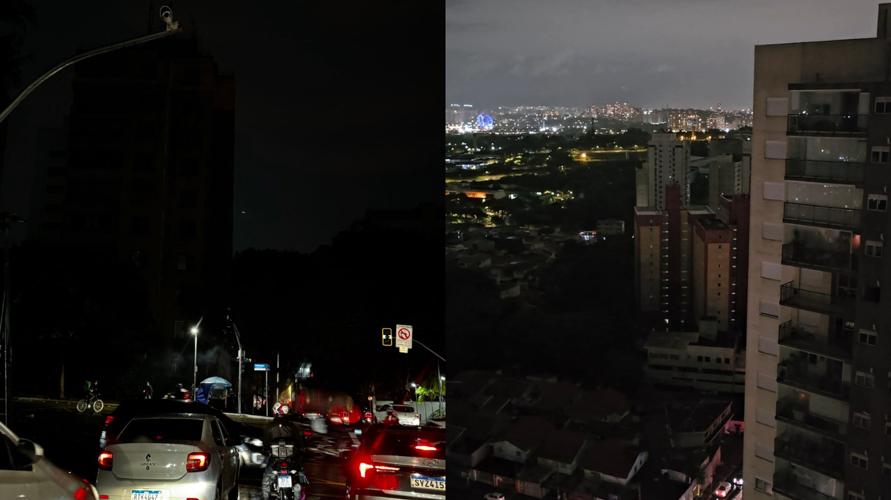 Montagem de duas fotos de locais de SP sem energia elétrica