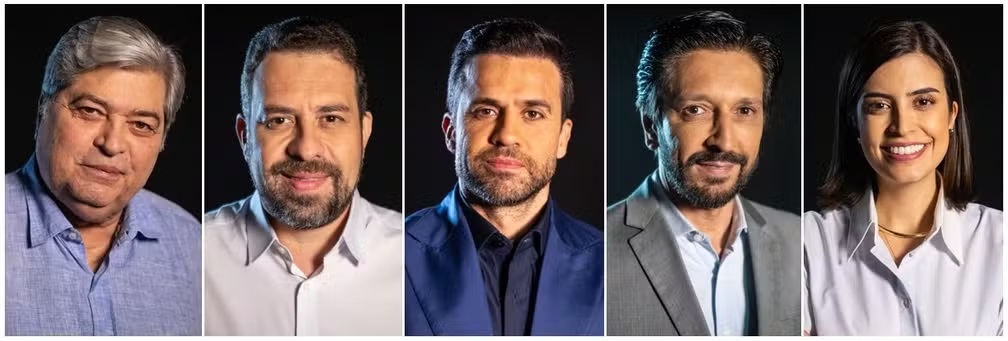 Montagem de fotos de Datena (PSDB), Guilherme Boulos (PSOL), Pablo Marçal (PRTB), Ricardo Nunes (MDB) e Tabata Amaral (PSB)