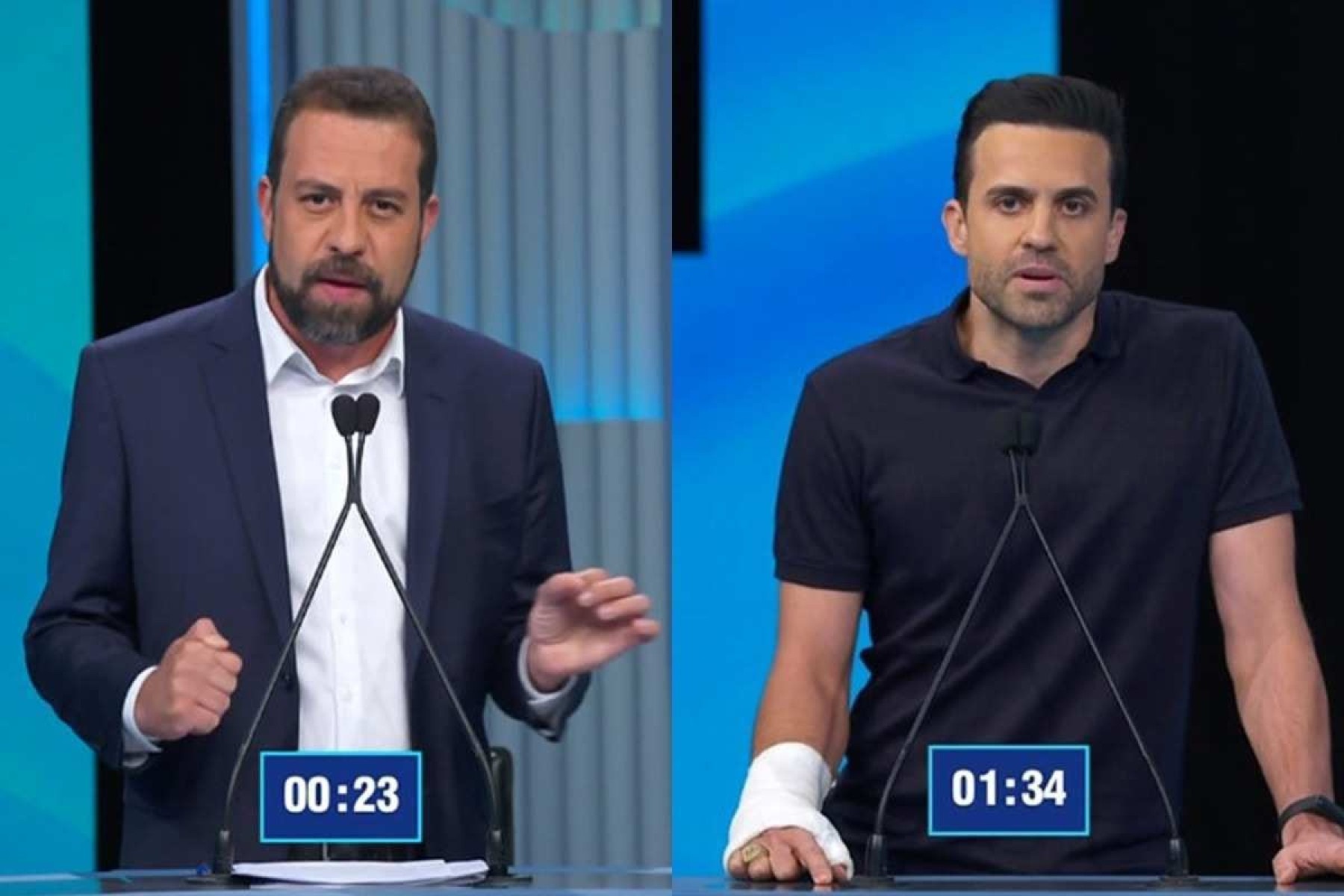 Guilherme Boulos e Pablo Marçal em montagem, olhando para a câmera e falando