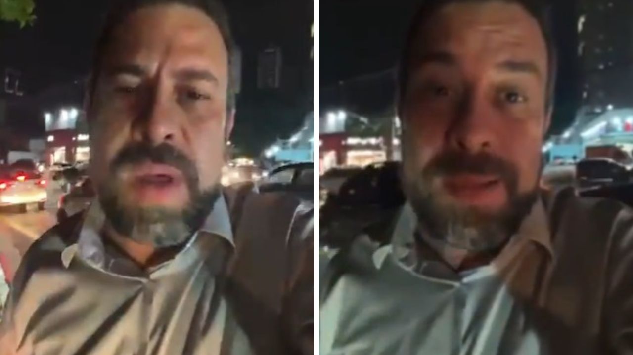 Montagem de fotos de Guilherme Boulos falando para a câmera, com pouca iluminação