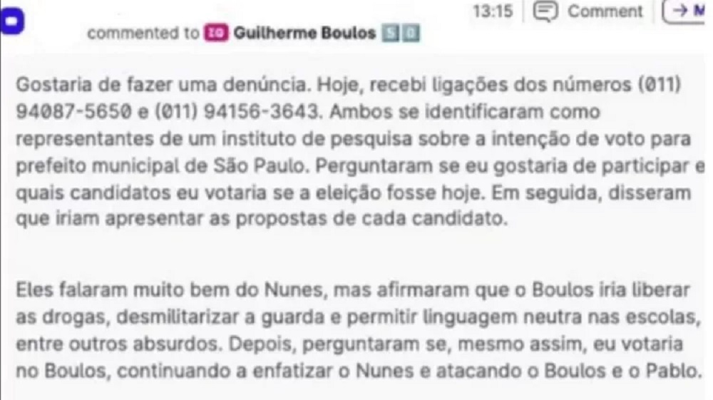 Print de Comentário em rede social de Guilherme Boulos