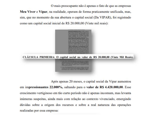 A evolução do patrimônio da Vipar no dossiê. Foto: Reprodução