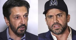 Montagem de fotos de Ricardo Nunes (MDB) e Pablo Marçal (PRTB), ambos falando e sérios
