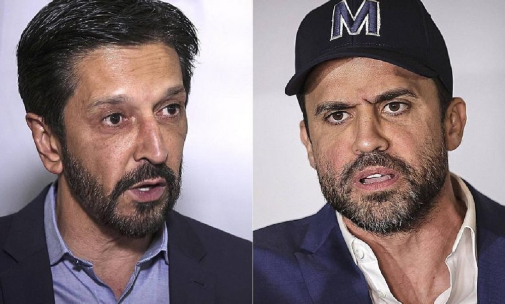 Montagem de fotos de Ricardo Nunes (MDB) e Pablo Marçal (PRTB), ambos falando e sérios