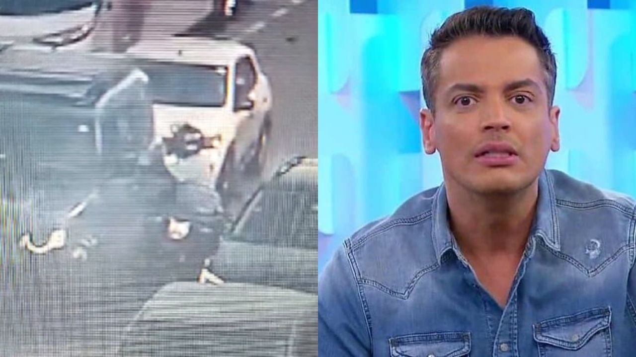 Montagem de fotos de registro de assalto e Leo Dias assustado