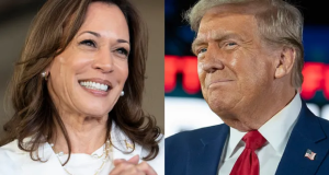 Montagem de fotos de Kamala Harris e Donald Trump