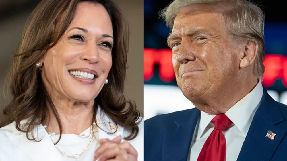 Montagem de fotos de Kamala Harris e Donald Trump