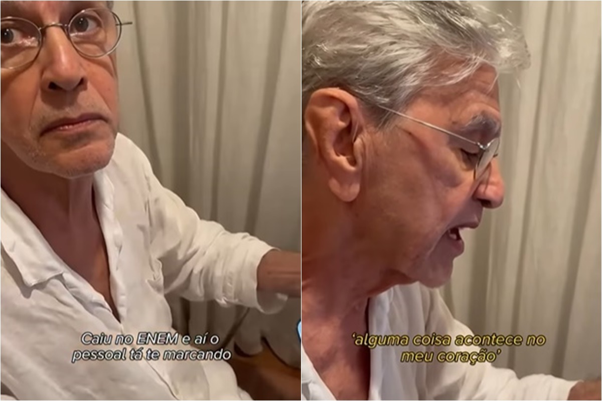 Montagem de fotos de Caetano Veloso de camisa social branca, olhando pra câmera e lendo no celular