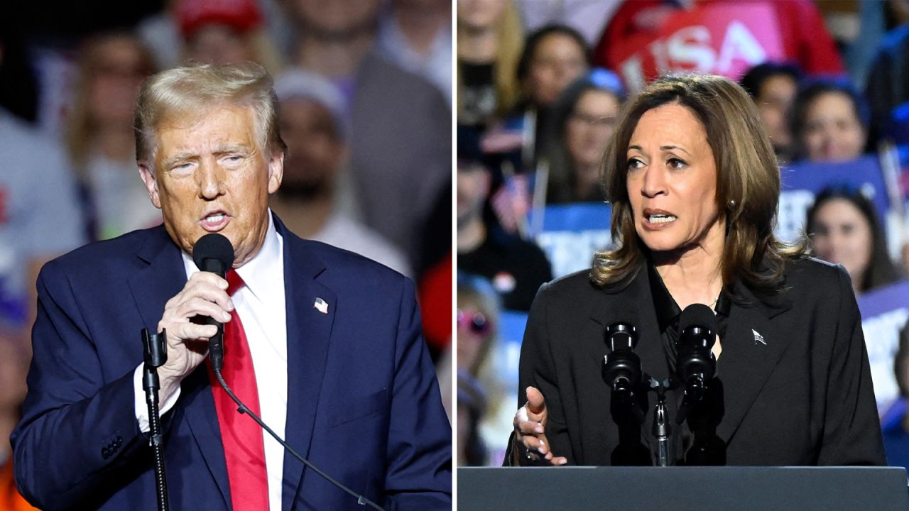 Montagem de fotos de Donald Trump e Kamala Harris, ambos sérios e falando, ela olhando para o lado