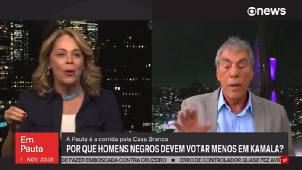Tela da GloboNews dividida entre Sandra Coutinho e Demétrio Magnoli