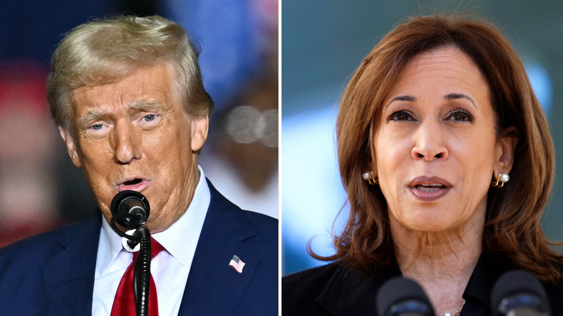 Montagem de fotos de Donald Trump e Kamala Harris