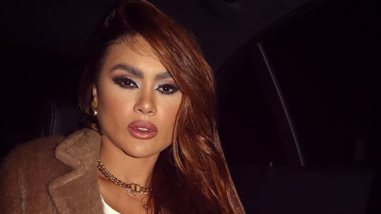 Natacha Horana posando séria dentro de carro, com roupa marrom e cabelo solto