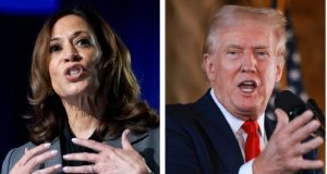 Montagem de fotos de Kamala Harris e Donald Trump