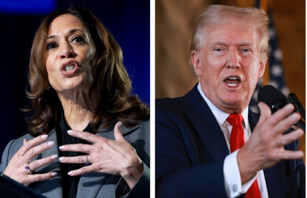 Montagem de fotos de Kamala Harris e Donald Trump