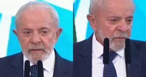 Montagem de duas fotos de Lula falando emocionado