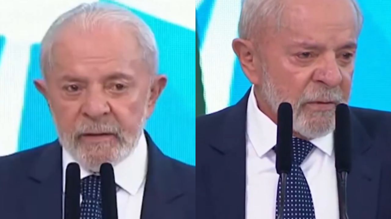 Montagem de duas fotos de Lula falando emocionado