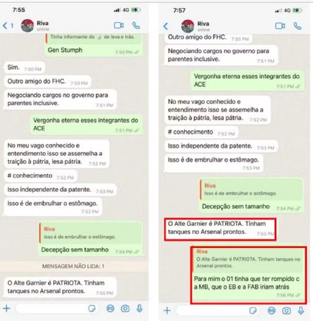Montagem de duas fotos de prints de mensagens enviadas em grupo com bolsonaristas
