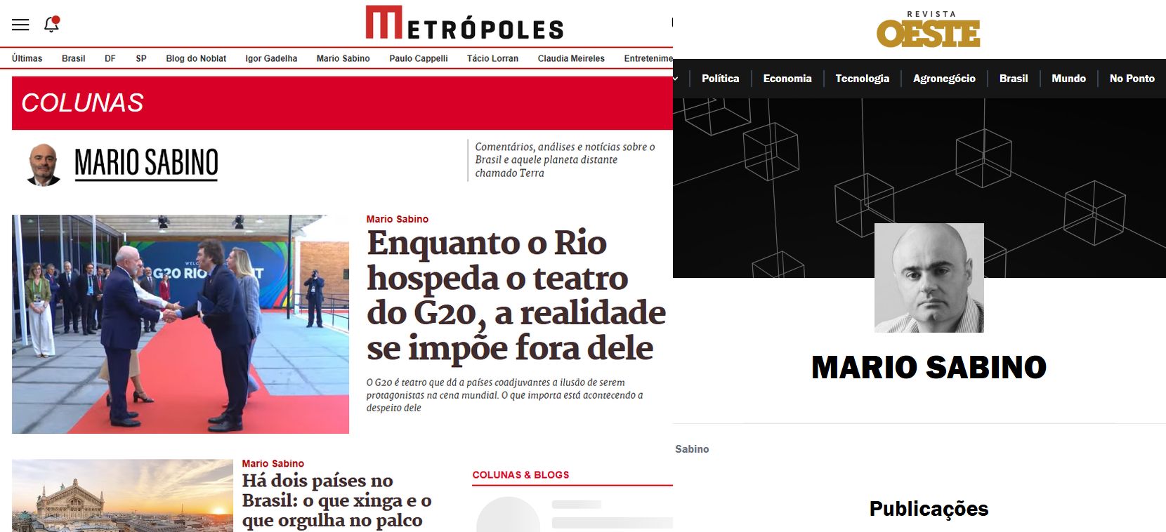 Colunista do Metrópoles, Mario Sabino tem coluna também no site de extrema direita Revista Oeste. Foto: Reprodução